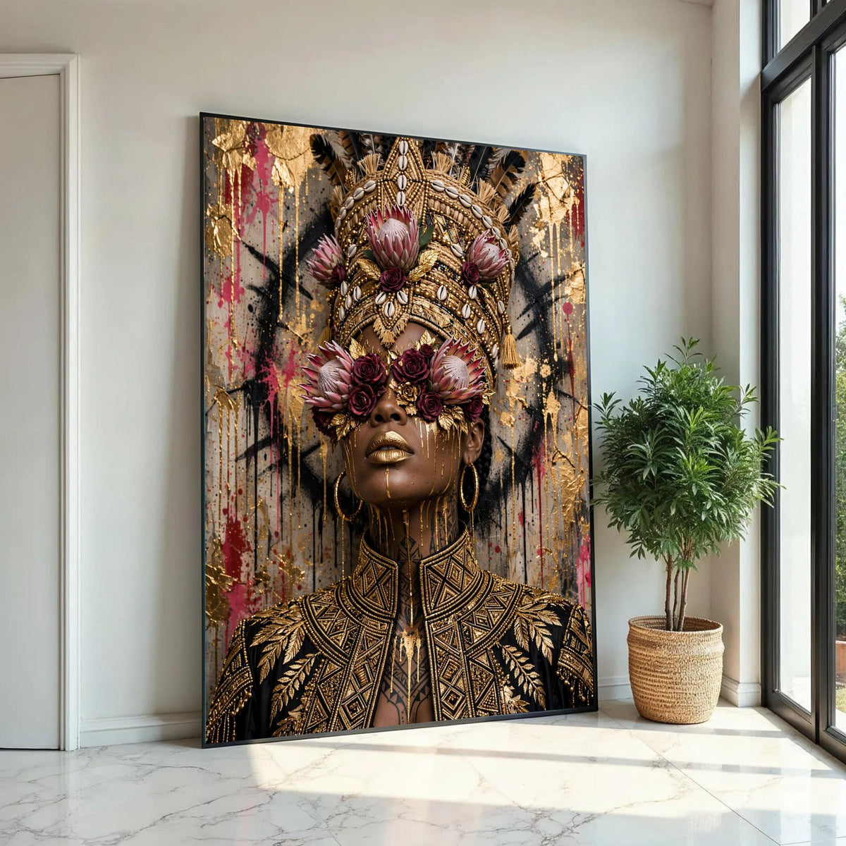 Regal African Queen Portrait Canvas, Floral Headpiece Wall Art, Gold Accented Face Painting, Elegant Black and Gold Ready To Hang Decoration