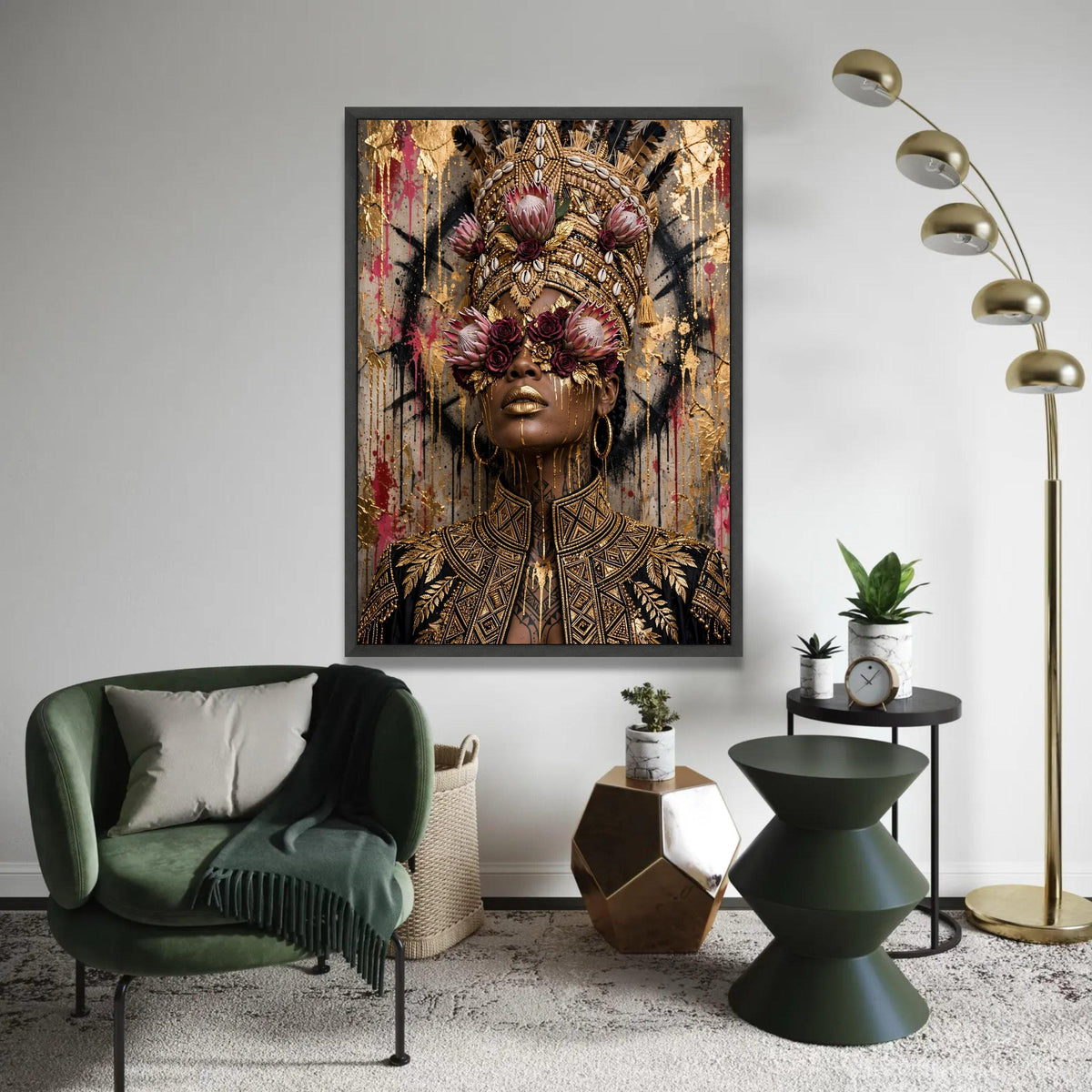 Regal African Queen Portrait Canvas, Floral Headpiece Wall Art, Gold Accented Face Painting, Elegant Black and Gold Ready To Hang Decoration