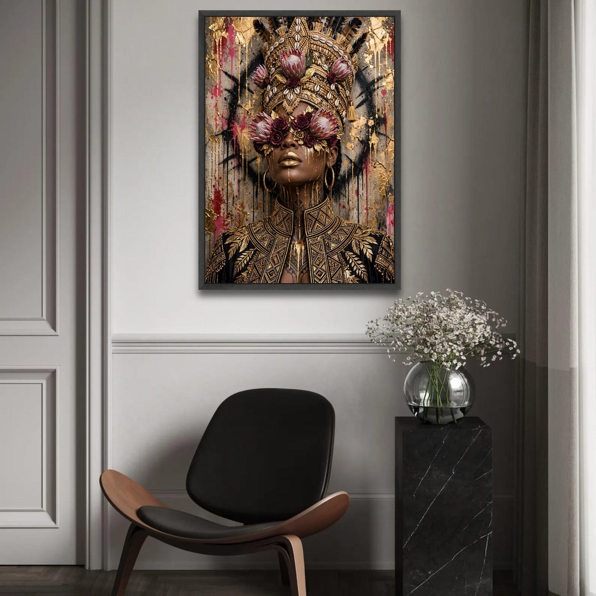 Regal African Queen Portrait Canvas, Floral Headpiece Wall Art, Gold Accented Face Painting, Elegant Black and Gold Ready To Hang Decoration