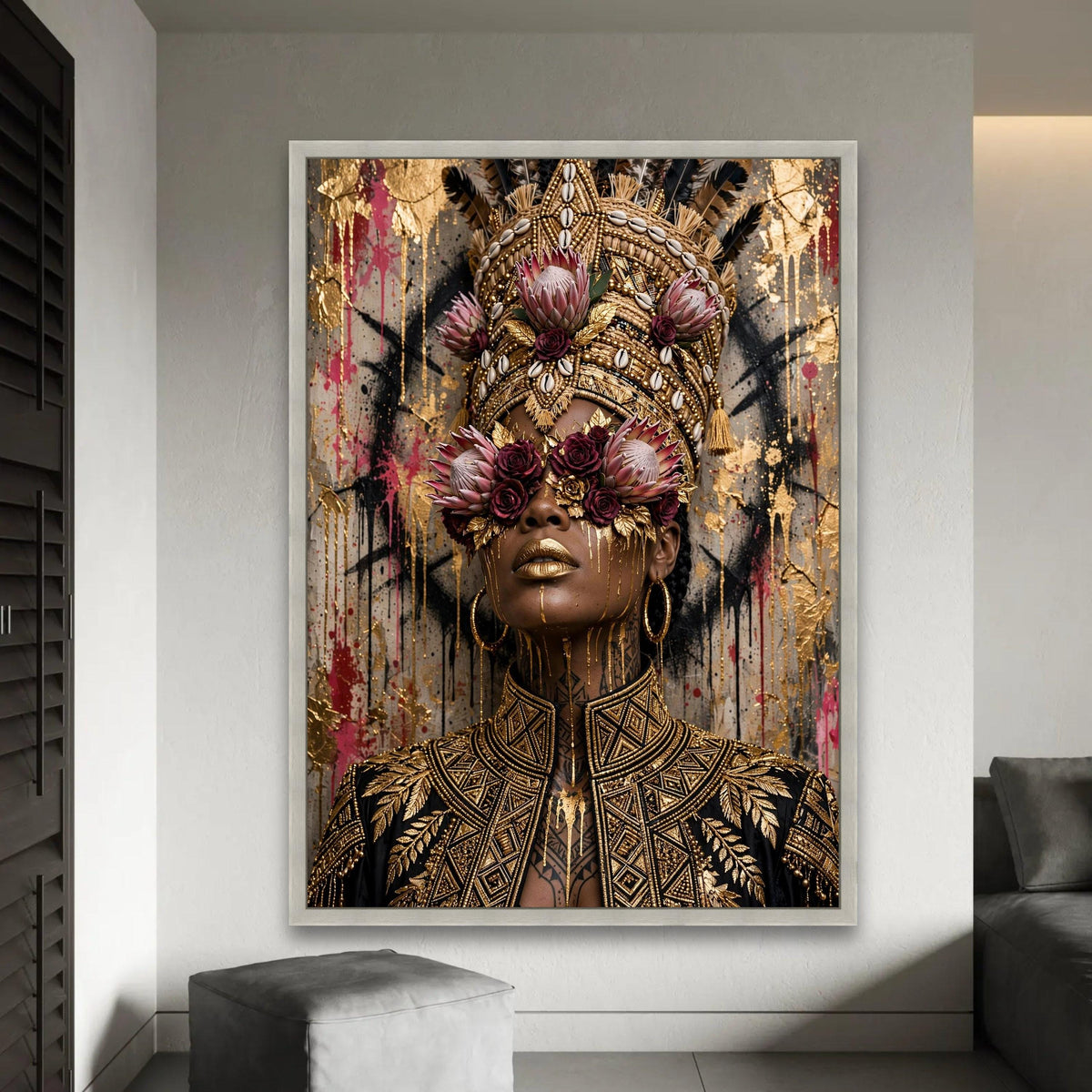 Regal African Queen Portrait Canvas, Floral Headpiece Wall Art, Gold Accented Face Painting, Elegant Black and Gold Ready To Hang Decoration