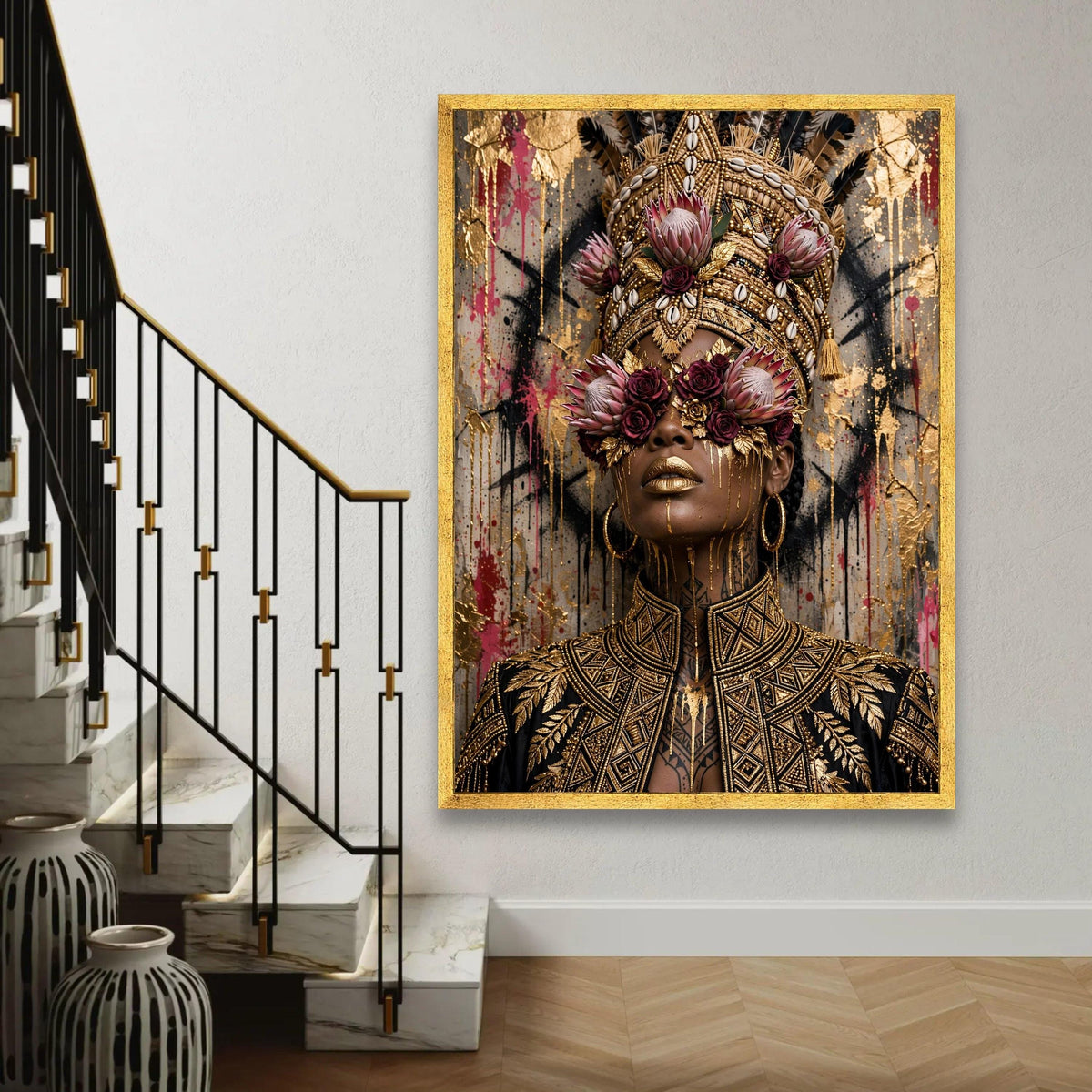 Regal African Queen Portrait Canvas, Floral Headpiece Wall Art, Gold Accented Face Painting, Elegant Black and Gold Ready To Hang Decoration