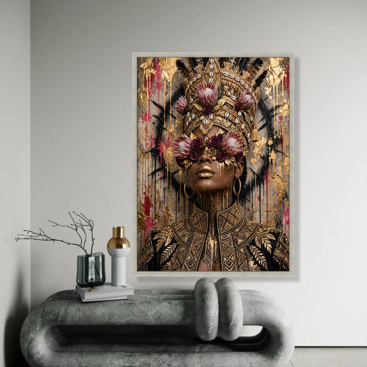 Regal African Queen Portrait Canvas, Floral Headpiece Wall Art, Gold Accented Face Painting, Elegant Black and Gold Ready To Hang Decoration