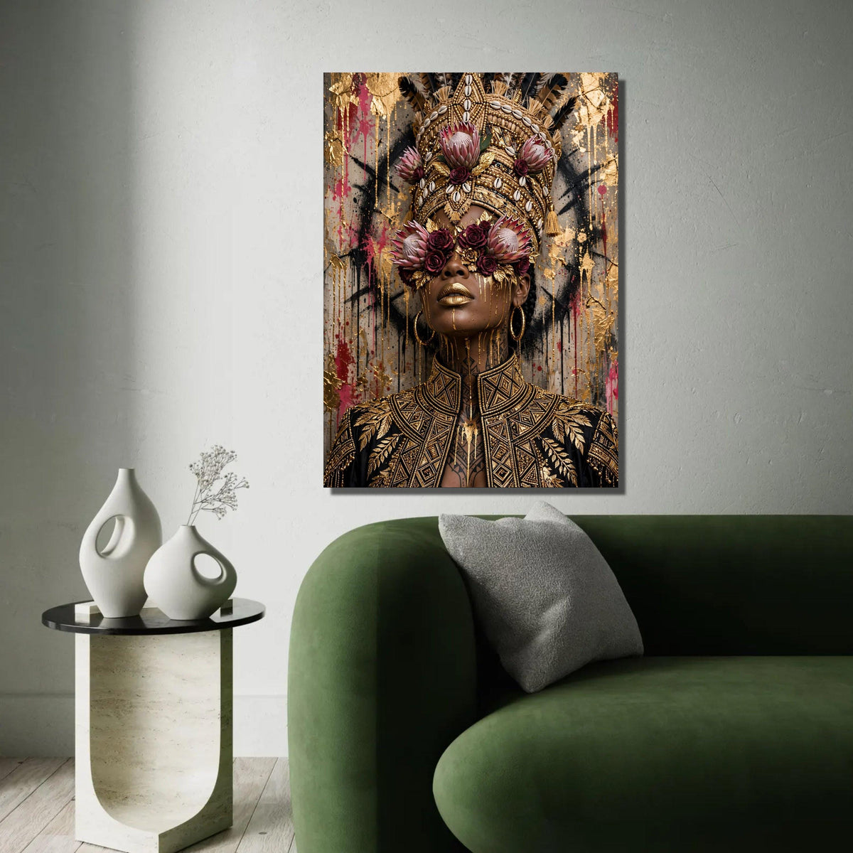Regal African Queen Portrait Canvas, Floral Headpiece Wall Art, Gold Accented Face Painting, Elegant Black and Gold Ready To Hang Decoration
