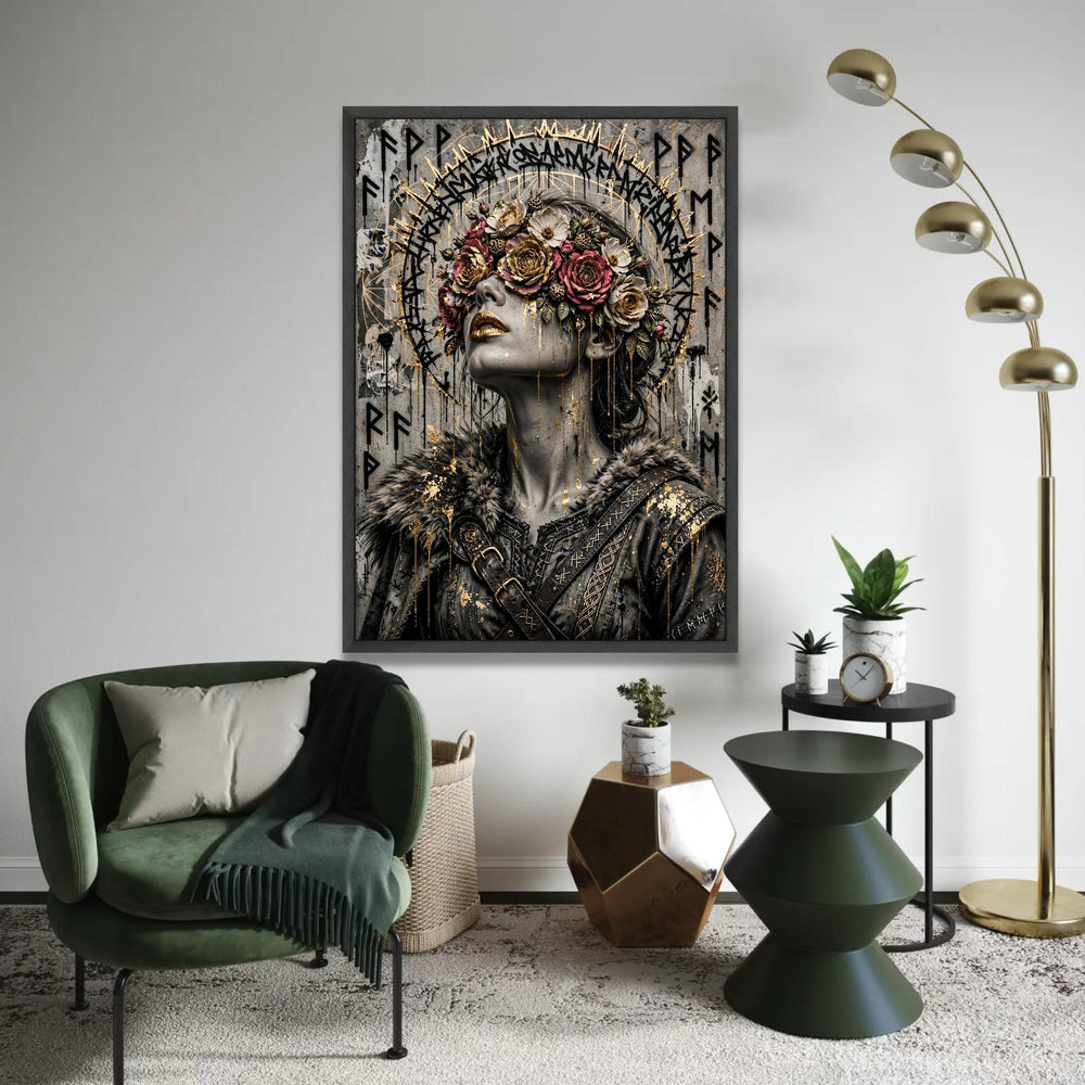 Mystical Woman Portrait Canvas, Floral Crown Art, Gold Accent Wall Decoration, Viking Style Canvas, Dark Fantasy Ready To Hang Decoration