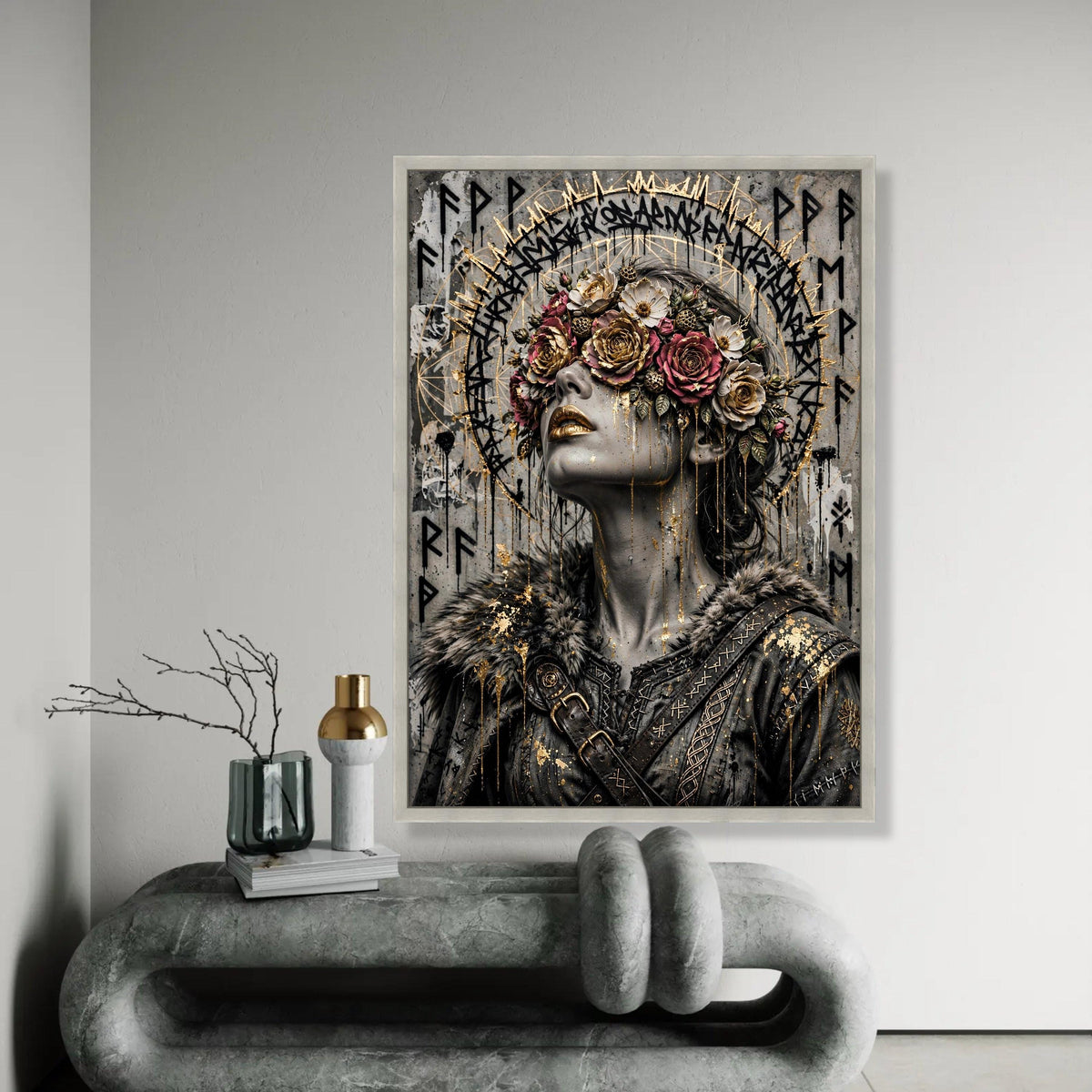 Mystical Woman Portrait Canvas, Floral Crown Art, Gold Accent Wall Decoration, Viking Style Canvas, Dark Fantasy Ready To Hang Decoration