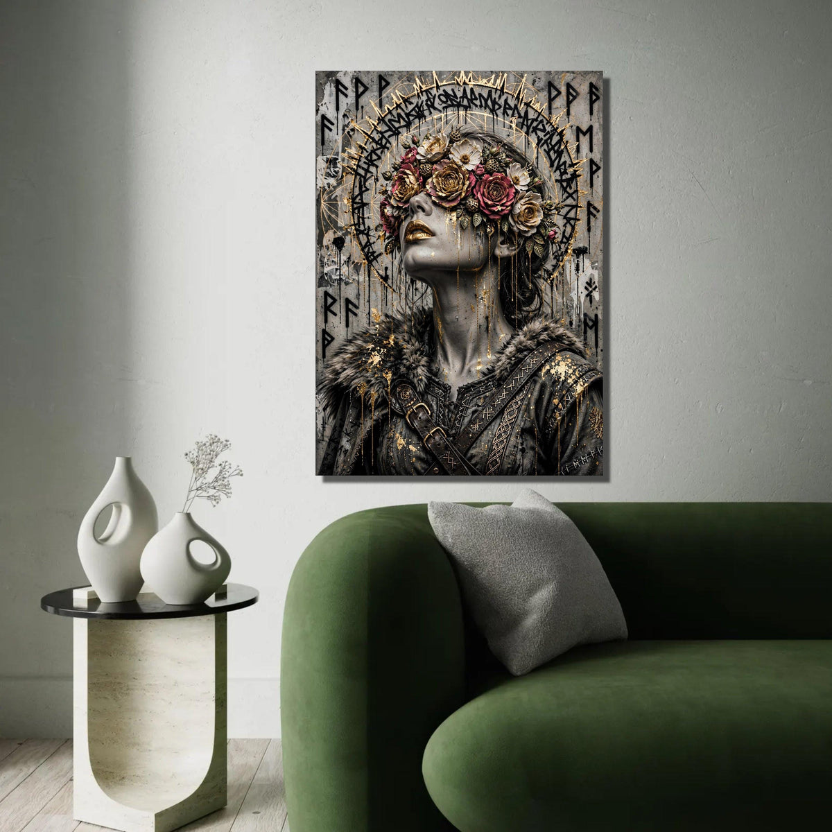Mystical Woman Portrait Canvas, Floral Crown Art, Gold Accent Wall Decoration, Viking Style Canvas, Dark Fantasy Ready To Hang Decoration