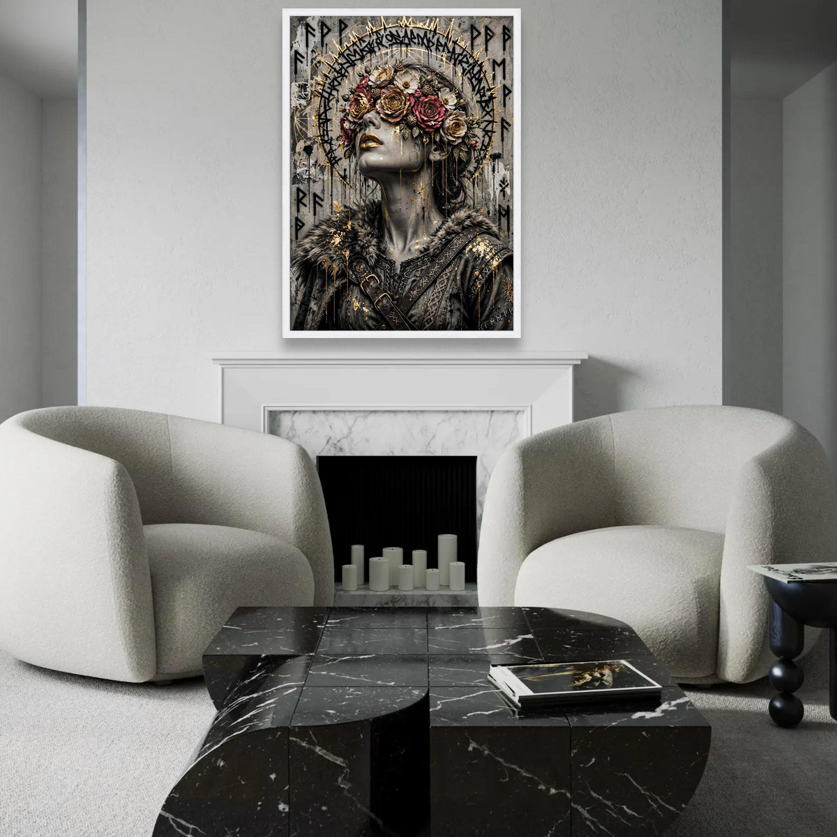 Mystical Woman Portrait Canvas, Floral Crown Art, Gold Accent Wall Decoration, Viking Style Canvas, Dark Fantasy Ready To Hang Decoration