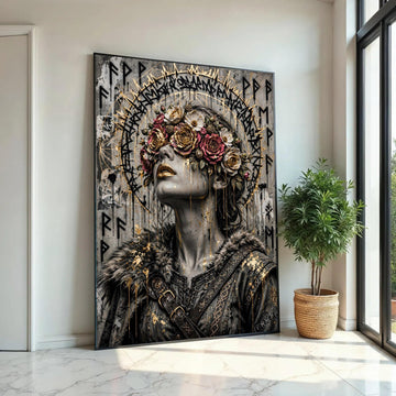 Mystical Woman Portrait Canvas, Floral Crown Art, Gold Accent Wall Decoration, Viking Style Canvas, Dark Fantasy Ready To Hang Decoration