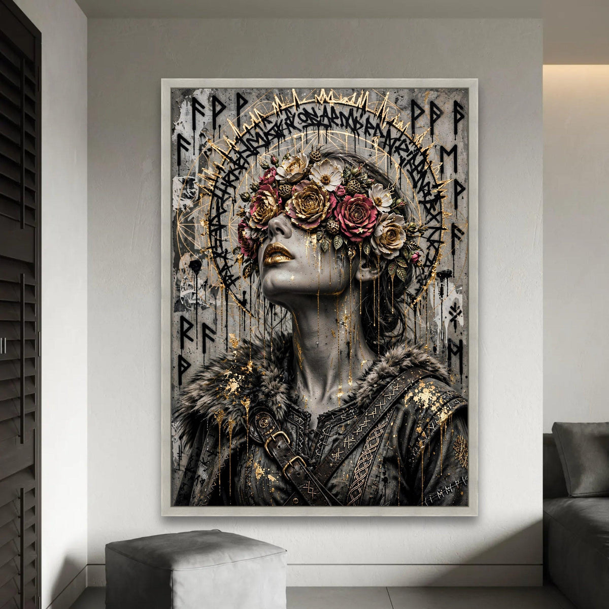 Mystical Woman Portrait Canvas, Floral Crown Art, Gold Accent Wall Decoration, Viking Style Canvas, Dark Fantasy Ready To Hang Decoration
