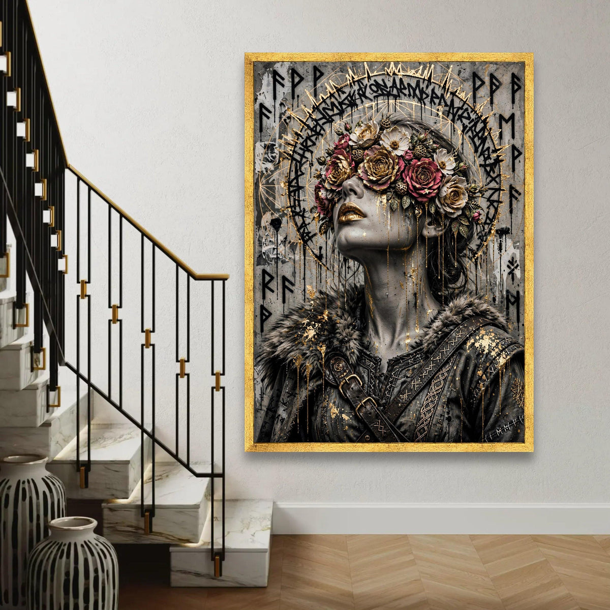 Mystical Woman Portrait Canvas, Floral Crown Art, Gold Accent Wall Decoration, Viking Style Canvas, Dark Fantasy Ready To Hang Decoration