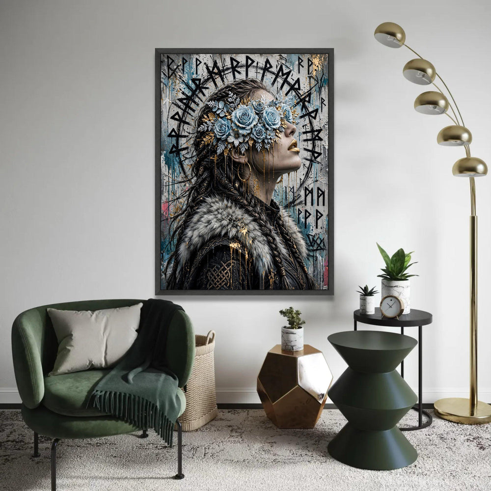 Viking Woman Portrait Canvas, Floral Blindfold Art, Nordic Mythology Wall Decor, Unique Female Profile Canvas, Ready To Hang Decoration