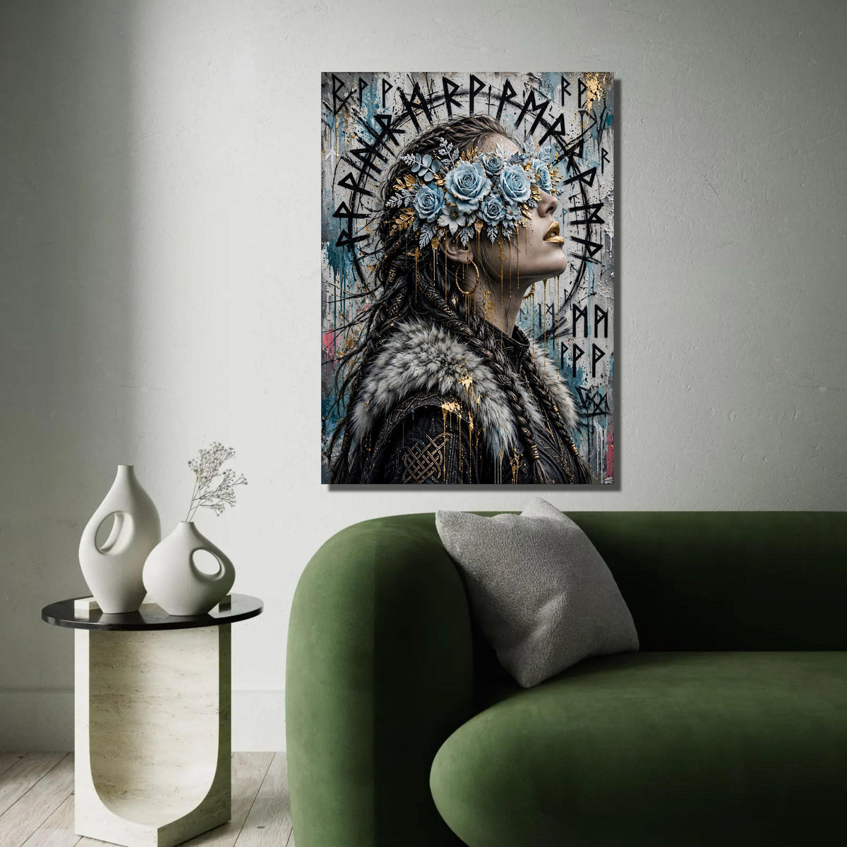 Viking Woman Portrait Canvas, Floral Blindfold Art, Nordic Mythology Wall Decor, Unique Female Profile Canvas, Ready To Hang Decoration