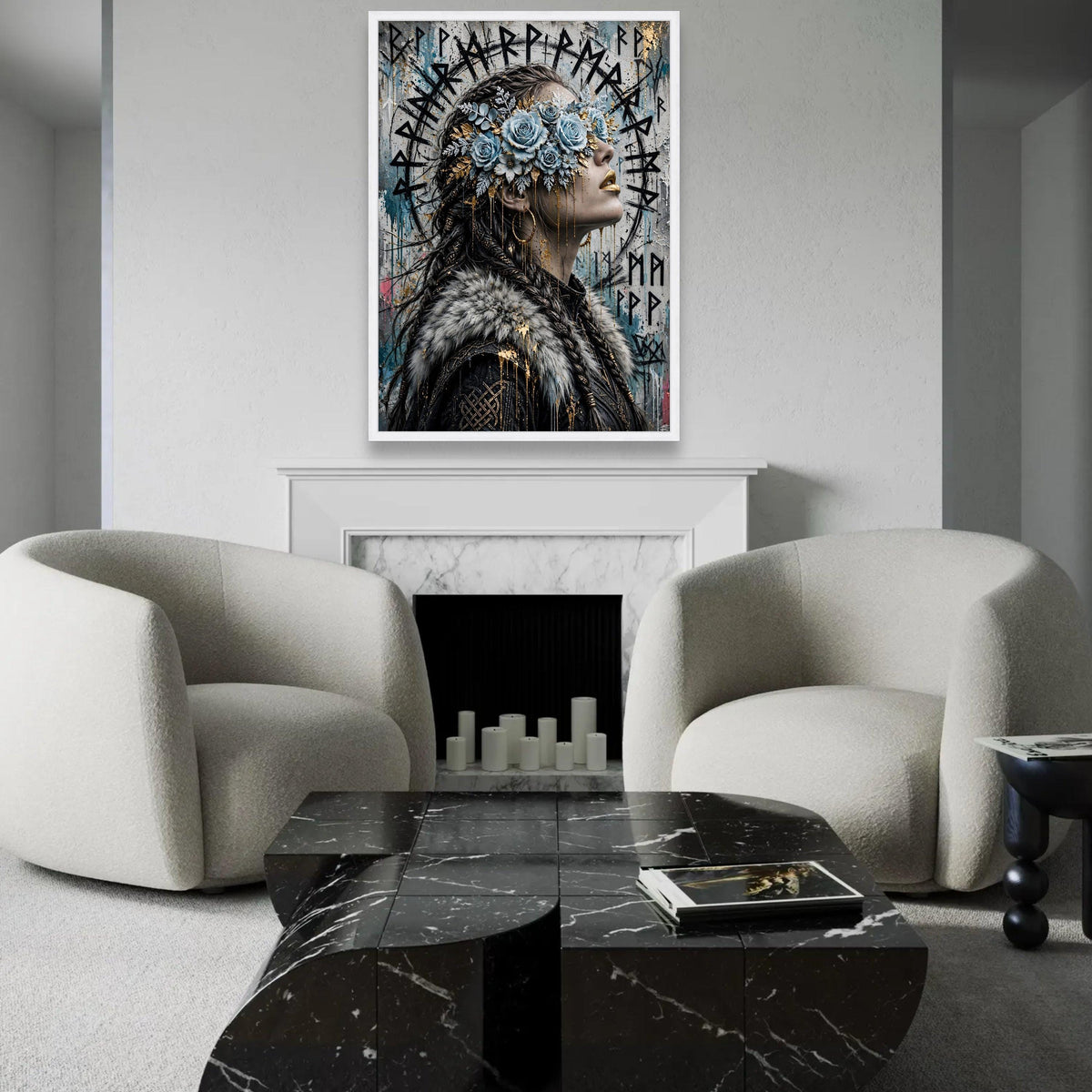 Viking Woman Portrait Canvas, Floral Blindfold Art, Nordic Mythology Wall Decor, Unique Female Profile Canvas, Ready To Hang Decoration