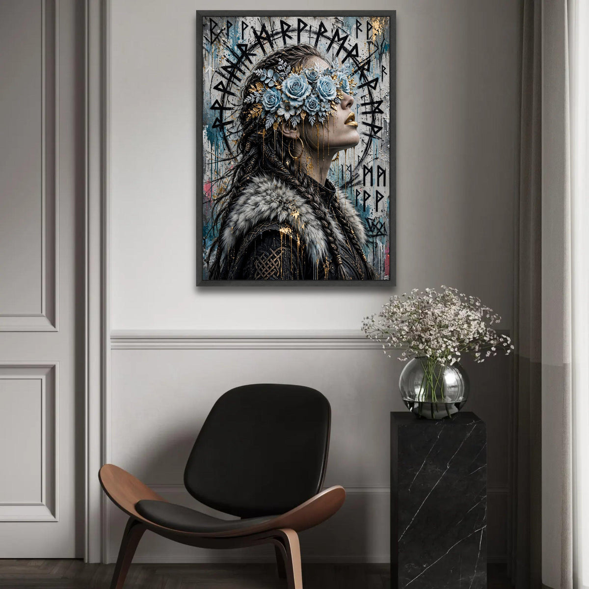 Viking Woman Portrait Canvas, Floral Blindfold Art, Nordic Mythology Wall Decor, Unique Female Profile Canvas, Ready To Hang Decoration