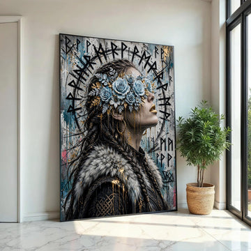 Viking Woman Portrait Canvas, Floral Blindfold Art, Nordic Mythology Wall Decor, Unique Female Profile Canvas, Ready To Hang Decoration