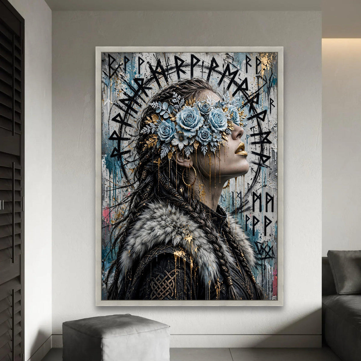 Viking Woman Portrait Canvas, Floral Blindfold Art, Nordic Mythology Wall Decor, Unique Female Profile Canvas, Ready To Hang Decoration