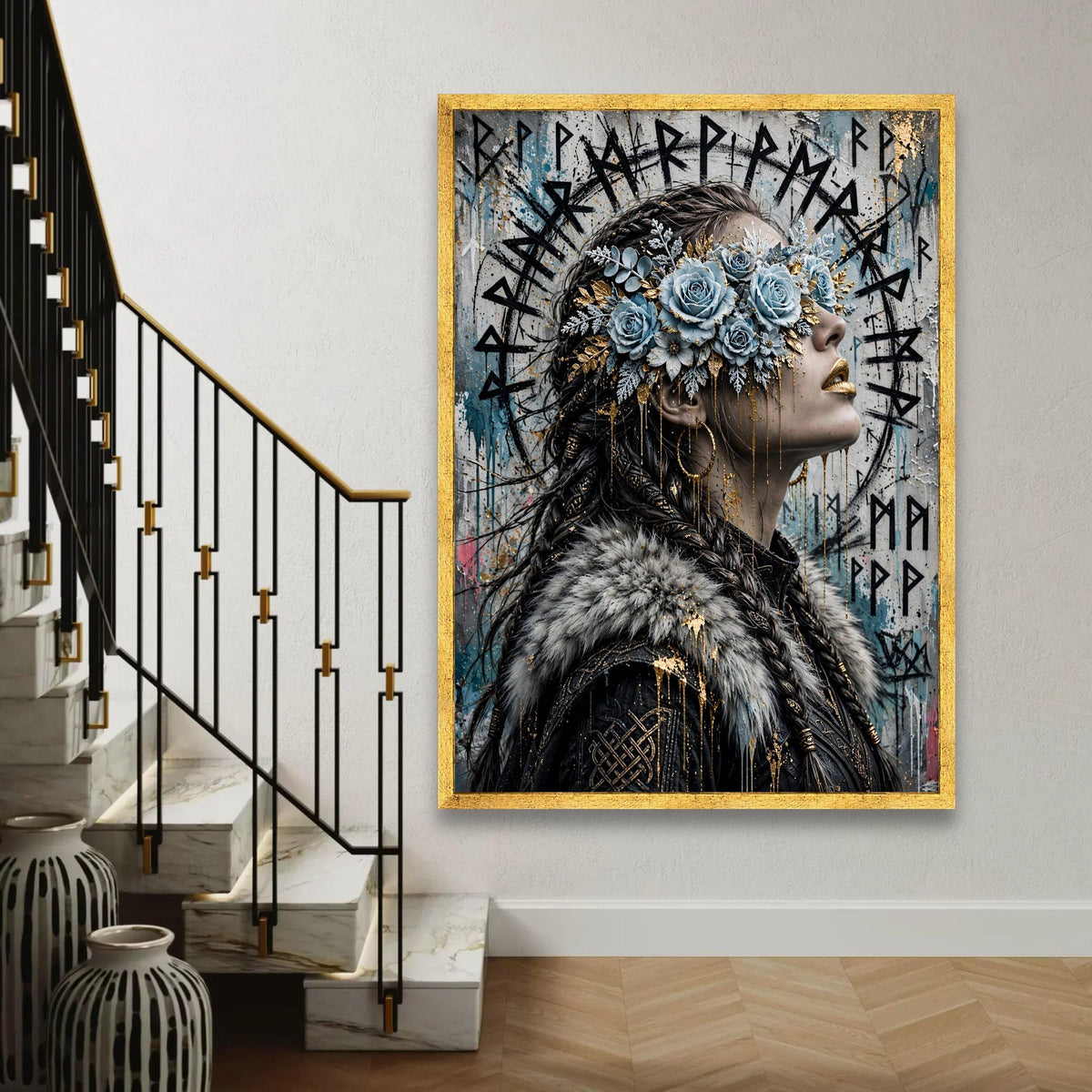 Viking Woman Portrait Canvas, Floral Blindfold Art, Nordic Mythology Wall Decor, Unique Female Profile Canvas, Ready To Hang Decoration