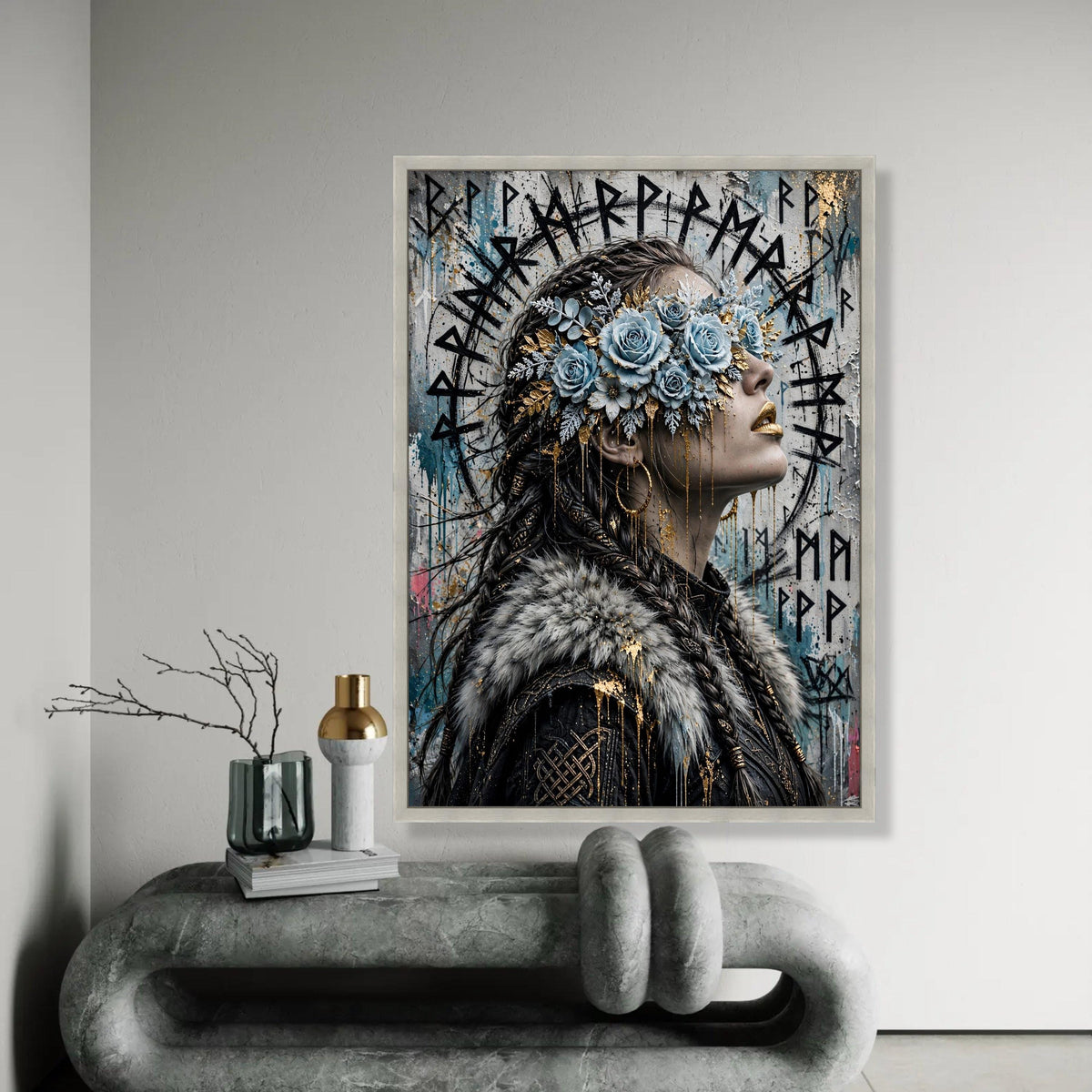 Viking Woman Portrait Canvas, Floral Blindfold Art, Nordic Mythology Wall Decor, Unique Female Profile Canvas, Ready To Hang Decoration