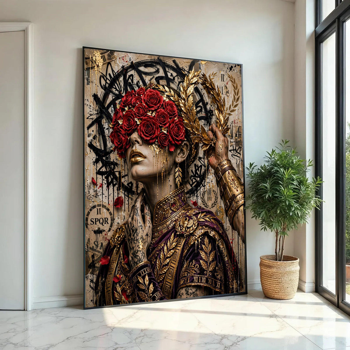 Regal Woman Portrait Canvas, Red Roses Blindfold, Gold Laurel Wreath Wall Art, Roman Decor, Elegant Female Canvas Ready To Hang Decoration