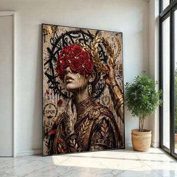 Regal Woman Portrait Canvas, Red Roses Blindfold, Gold Laurel Wreath Wall Art, Roman Decor, Elegant Female Canvas Ready To Hang Decoration