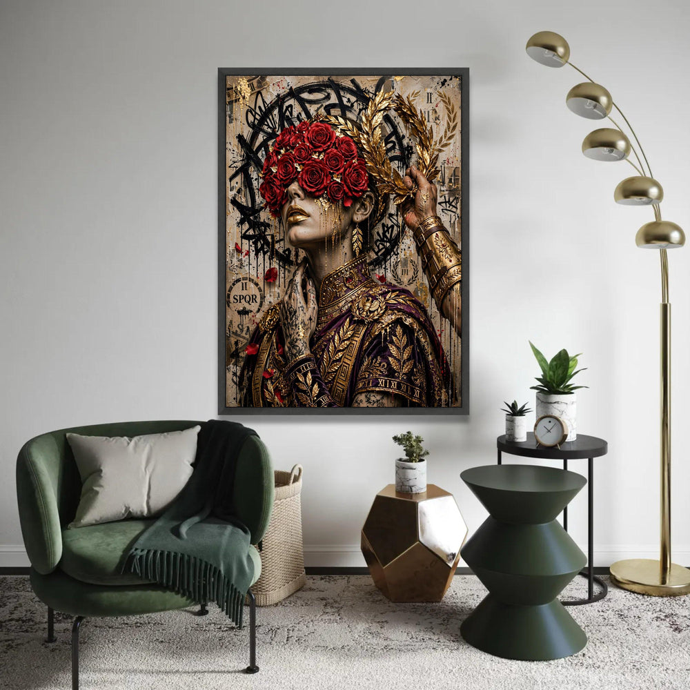 Regal Woman Portrait Canvas, Red Roses Blindfold, Gold Laurel Wreath Wall Art, Roman Decor, Elegant Female Canvas Ready To Hang Decoration