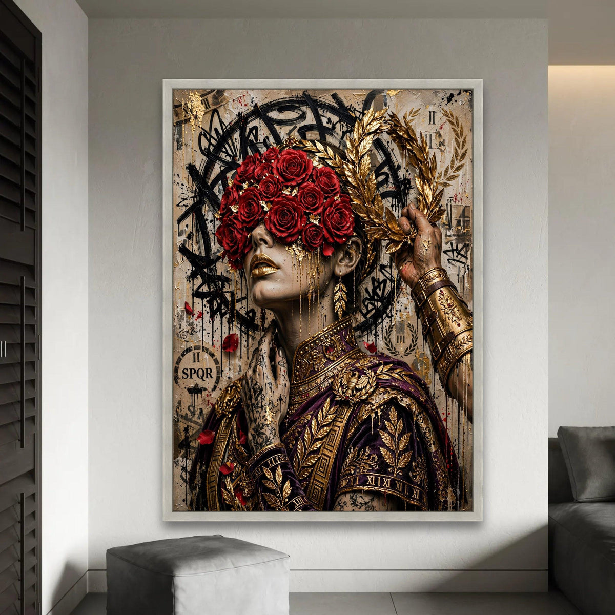 Regal Woman Portrait Canvas, Red Roses Blindfold, Gold Laurel Wreath Wall Art, Roman Decor, Elegant Female Canvas Ready To Hang Decoration