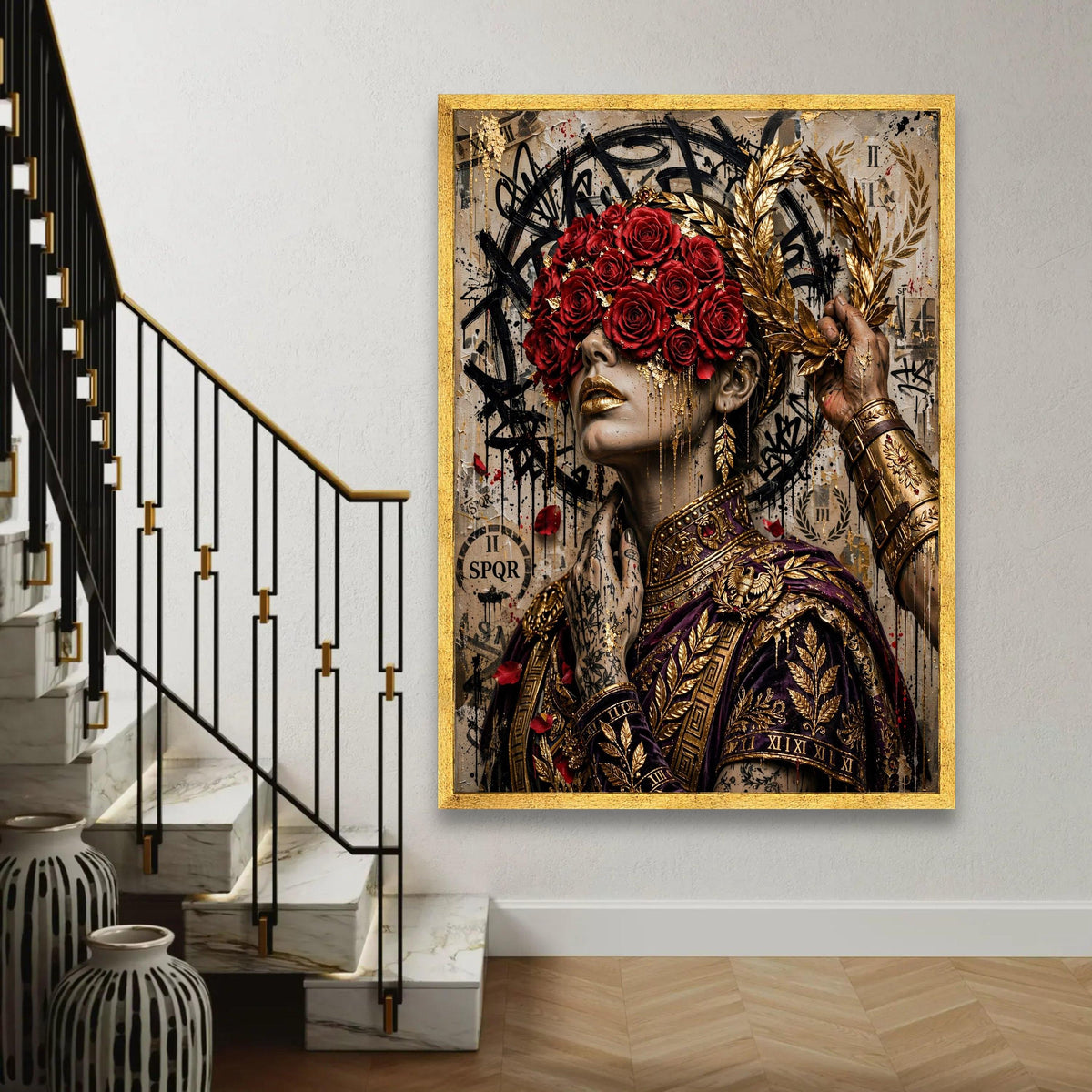 Regal Woman Portrait Canvas, Red Roses Blindfold, Gold Laurel Wreath Wall Art, Roman Decor, Elegant Female Canvas Ready To Hang Decoration