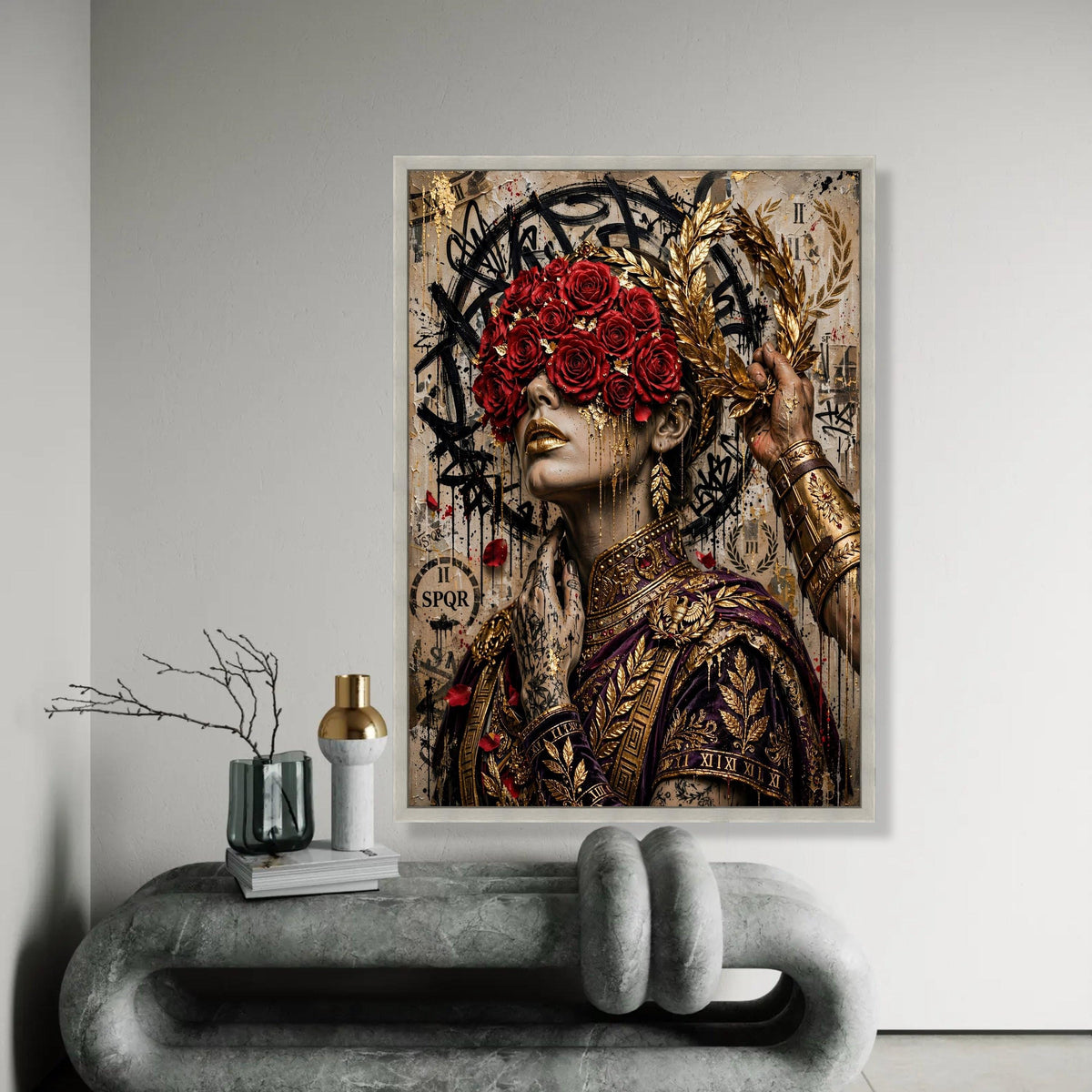 Regal Woman Portrait Canvas, Red Roses Blindfold, Gold Laurel Wreath Wall Art, Roman Decor, Elegant Female Canvas Ready To Hang Decoration