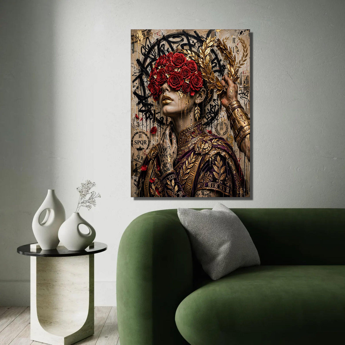 Regal Woman Portrait Canvas, Red Roses Blindfold, Gold Laurel Wreath Wall Art, Roman Decor, Elegant Female Canvas Ready To Hang Decoration