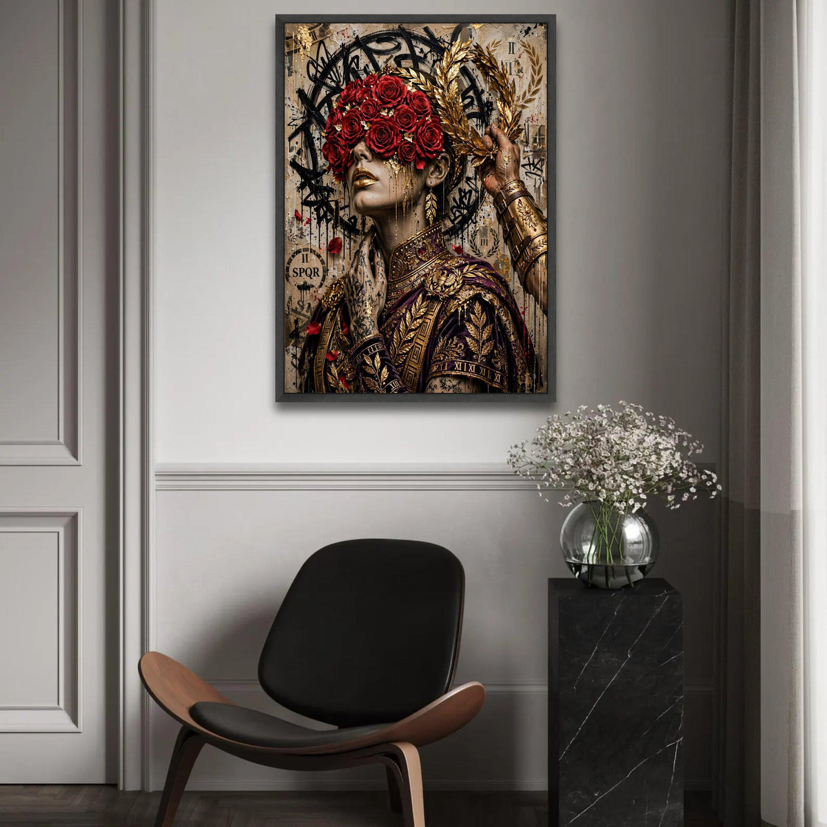 Regal Woman Portrait Canvas, Red Roses Blindfold, Gold Laurel Wreath Wall Art, Roman Decor, Elegant Female Canvas Ready To Hang Decoration