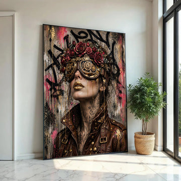 Steampunk Woman Portrait Canvas, Floral Crown and Gear Goggles, Urban Art Style, Modern Decorative Wall Art, Ready Ready To Hang Decoration