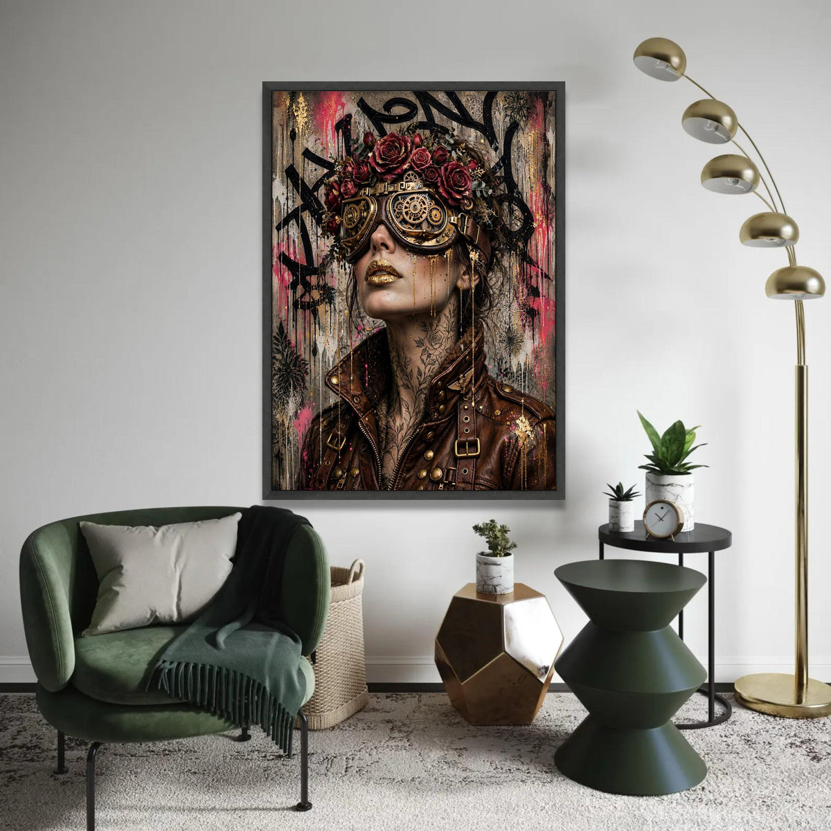 Steampunk Woman Portrait Canvas, Floral Crown and Gear Goggles, Urban Art Style, Modern Decorative Wall Art, Ready Ready To Hang Decoration