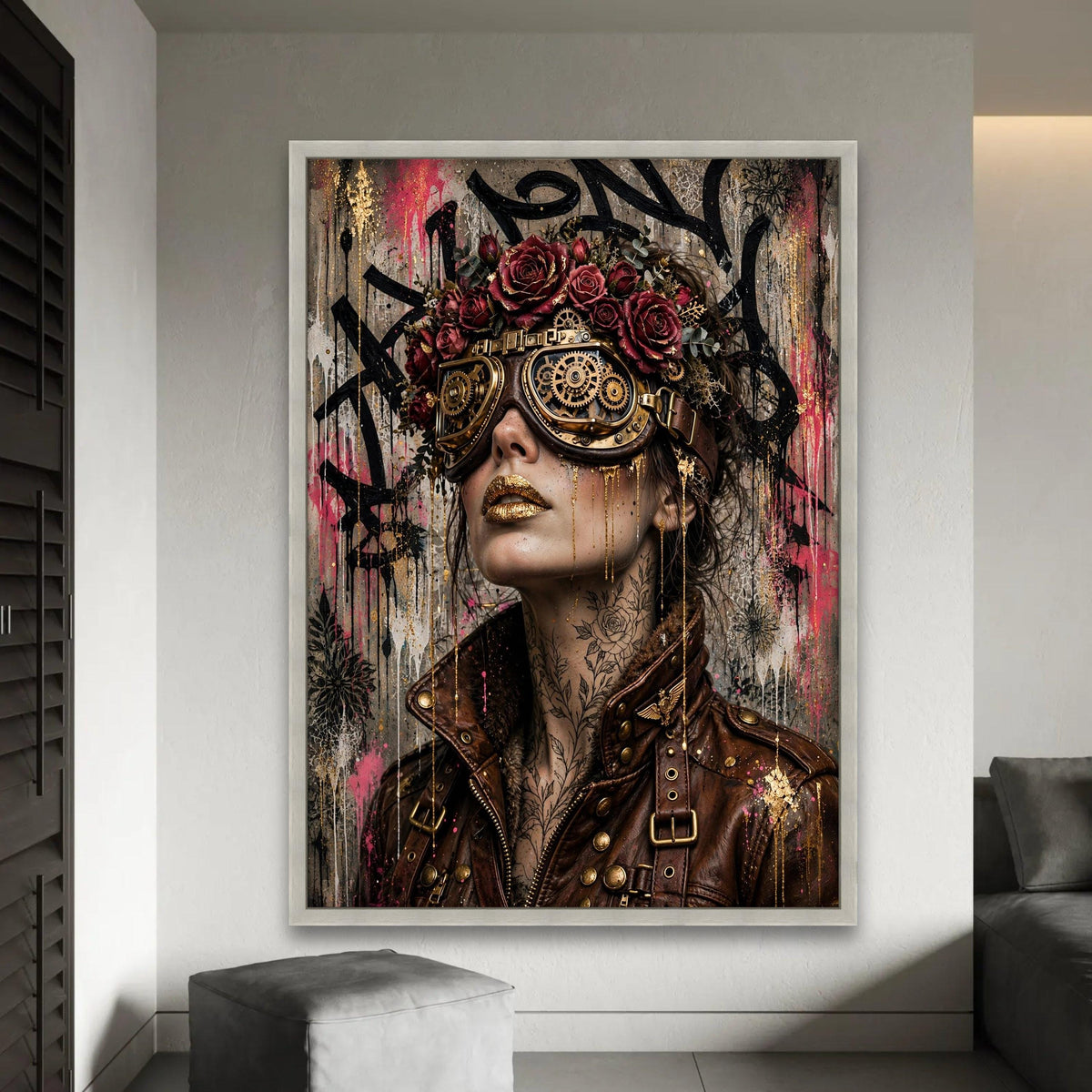Steampunk Woman Portrait Canvas, Floral Crown and Gear Goggles, Urban Art Style, Modern Decorative Wall Art, Ready Ready To Hang Decoration
