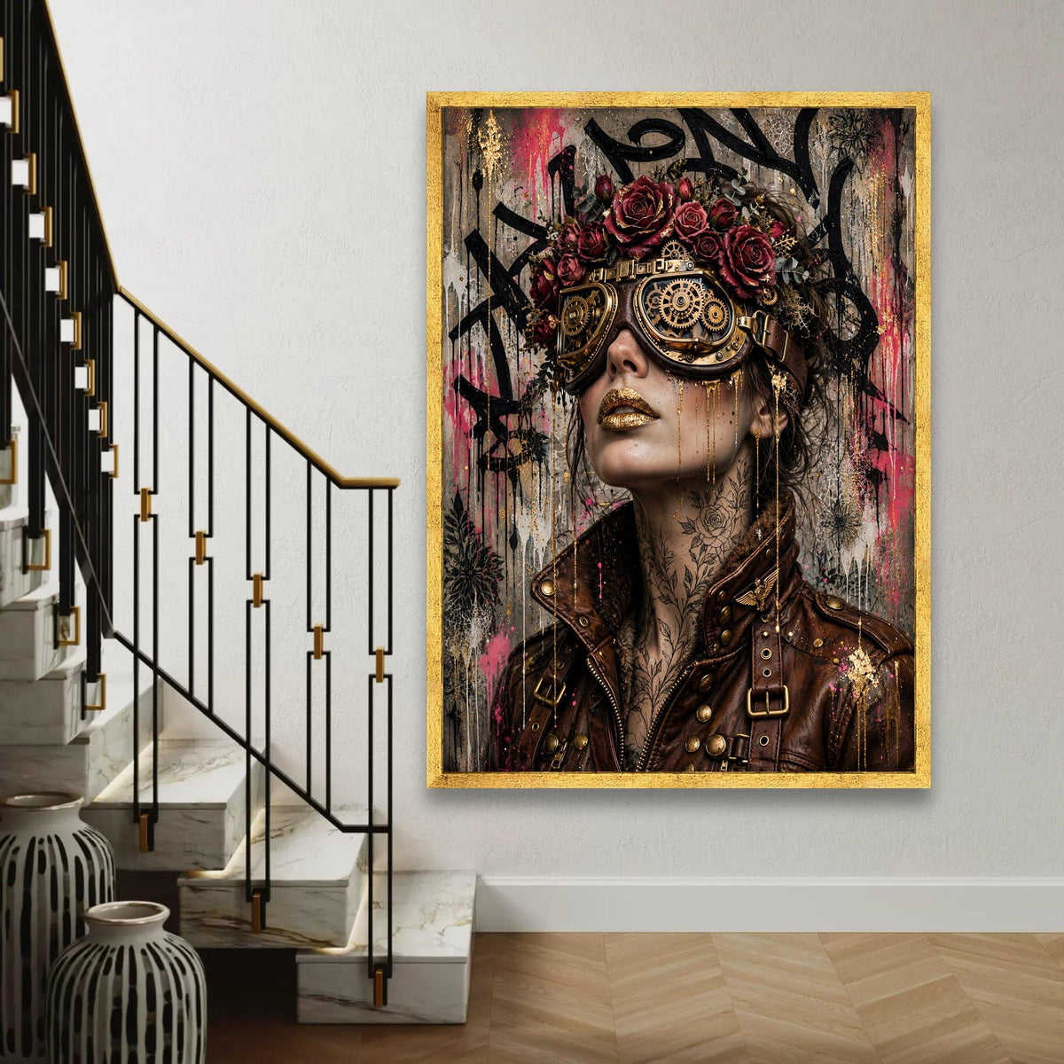 Steampunk Woman Portrait Canvas, Floral Crown and Gear Goggles, Urban Art Style, Modern Decorative Wall Art, Ready Ready To Hang Decoration