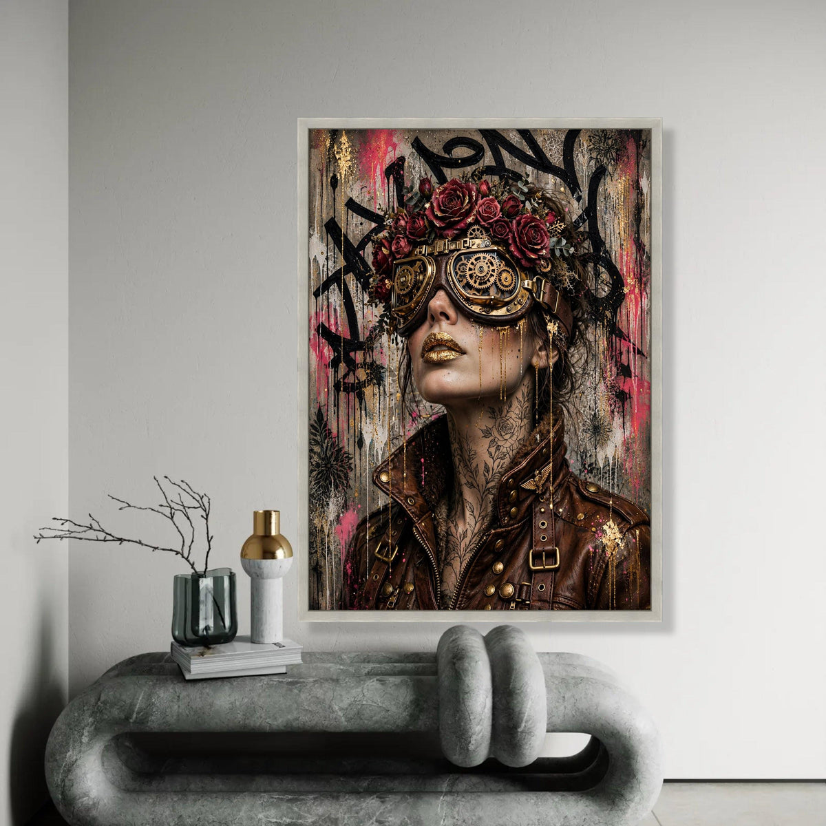 Steampunk Woman Portrait Canvas, Floral Crown and Gear Goggles, Urban Art Style, Modern Decorative Wall Art, Ready Ready To Hang Decoration