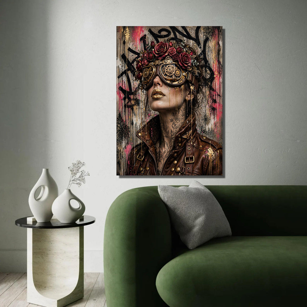 Steampunk Woman Portrait Canvas, Floral Crown and Gear Goggles, Urban Art Style, Modern Decorative Wall Art, Ready Ready To Hang Decoration