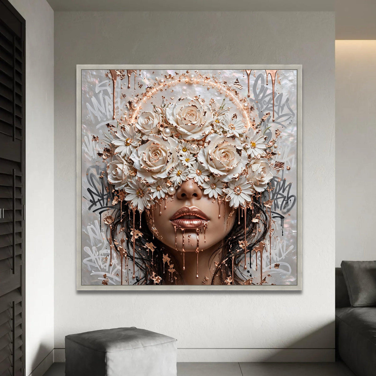 Elegant Floral Face Canvas Wall Art, Rose and Daisy Design, Gold Metallic Accent, Modern Woman Portrait, Ready To Hang Decoration