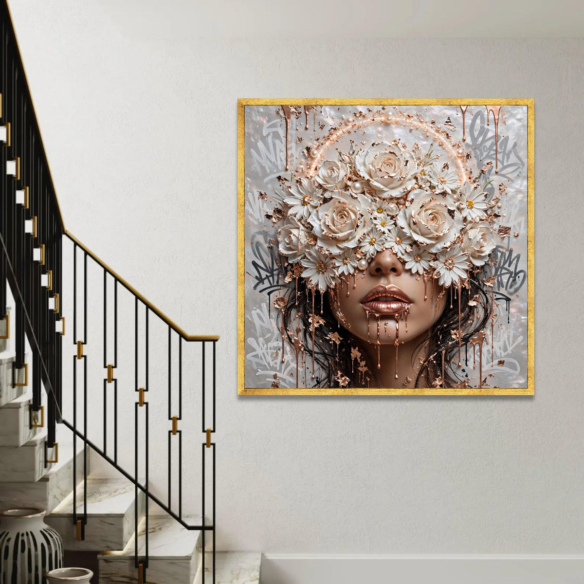 Elegant Floral Face Canvas Wall Art, Rose and Daisy Design, Gold Metallic Accent, Modern Woman Portrait, Ready To Hang Decoration