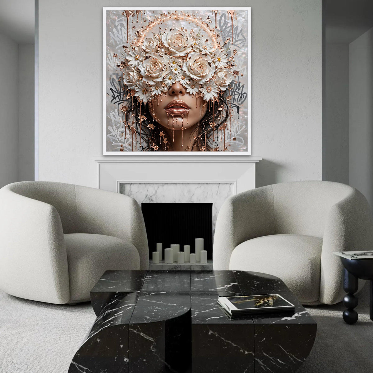 Elegant Floral Face Canvas Wall Art, Rose and Daisy Design, Gold Metallic Accent, Modern Woman Portrait, Ready To Hang Decoration