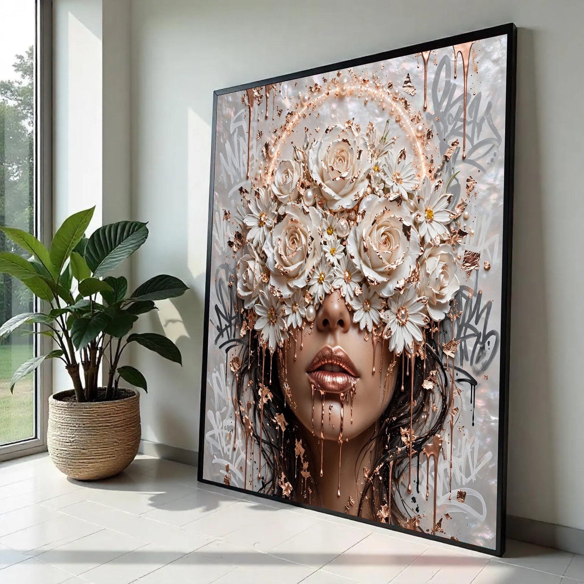 Elegant Floral Face Canvas Wall Art, Rose and Daisy Design, Gold Metallic Accent, Modern Woman Portrait, Ready To Hang Decoration
