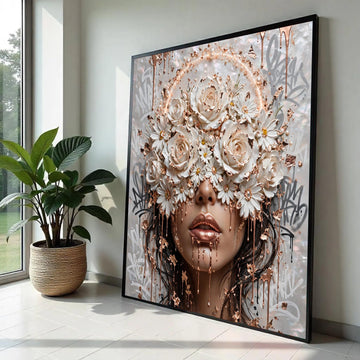 Elegant Floral Face Canvas Wall Art, Rose and Daisy Design, Gold Metallic Accent, Modern Woman Portrait, Ready To Hang Decoration