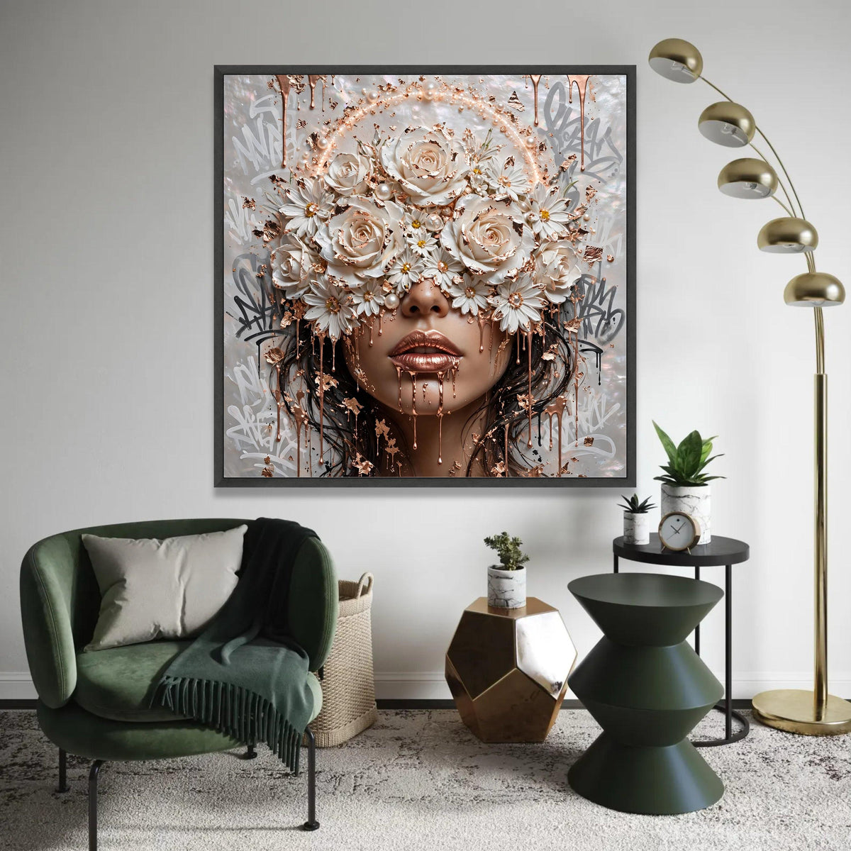 Elegant Floral Face Canvas Wall Art, Rose and Daisy Design, Gold Metallic Accent, Modern Woman Portrait, Ready To Hang Decoration