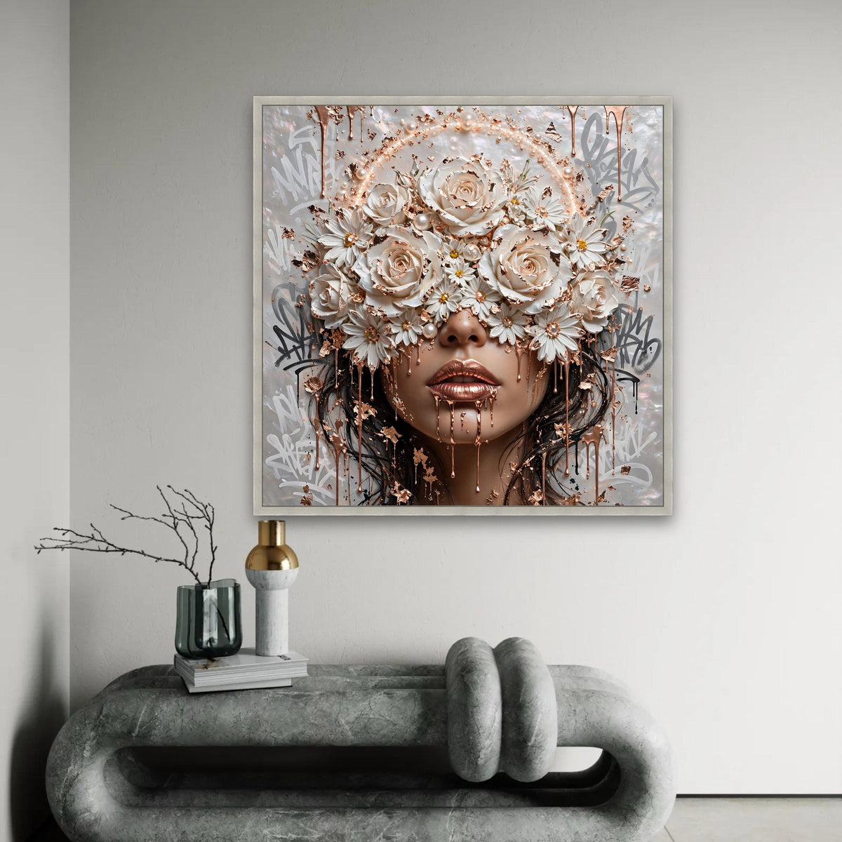 Elegant Floral Face Canvas Wall Art, Rose and Daisy Design, Gold Metallic Accent, Modern Woman Portrait, Ready To Hang Decoration