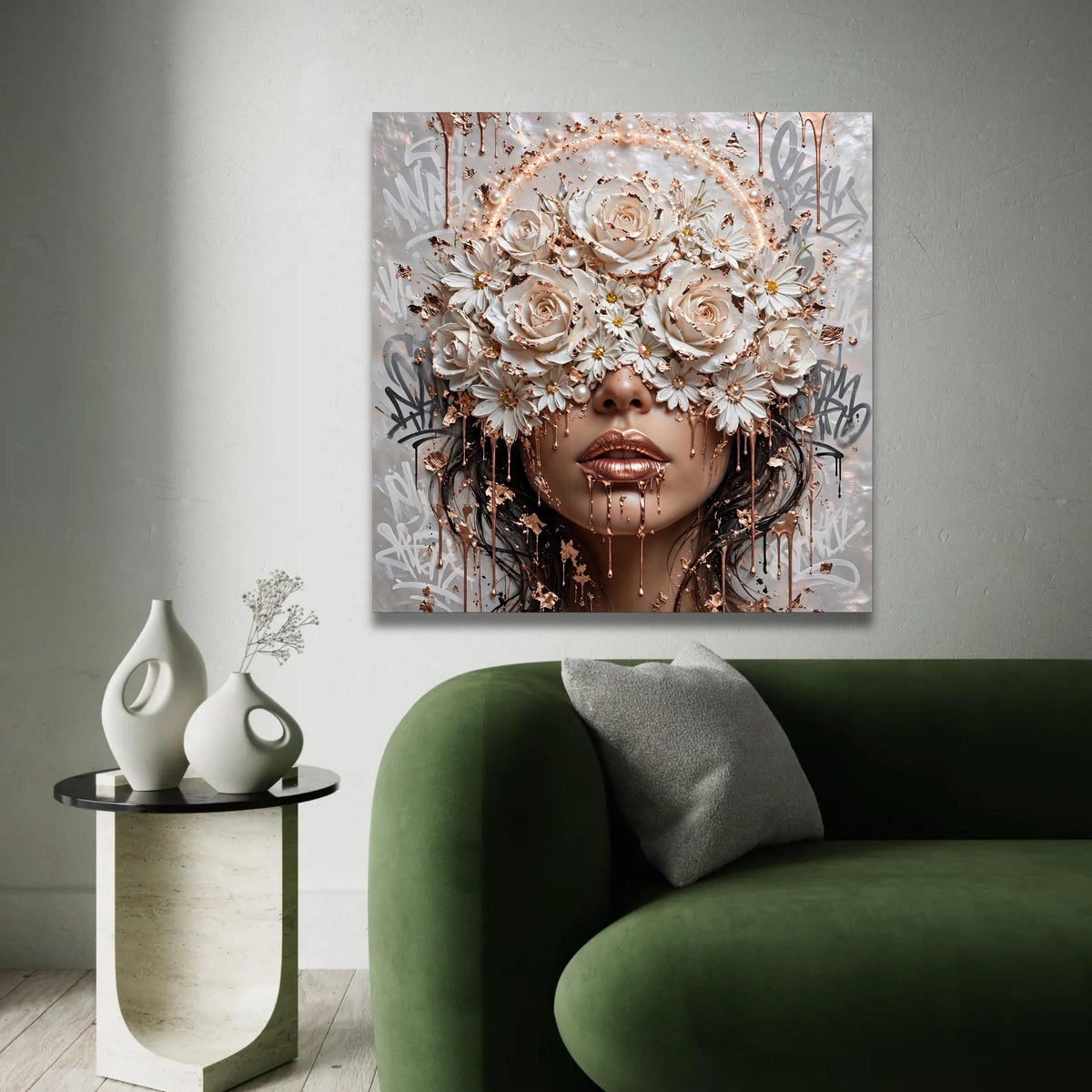 Elegant Floral Face Canvas Wall Art, Rose and Daisy Design, Gold Metallic Accent, Modern Woman Portrait, Ready To Hang Decoration