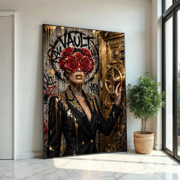 Luxury Gold Vault Canvas Wall Art, Woman with Red Roses Mask, Modern Graffiti Wall Decor, Glamorous Abstract Ready To Hang Decoration