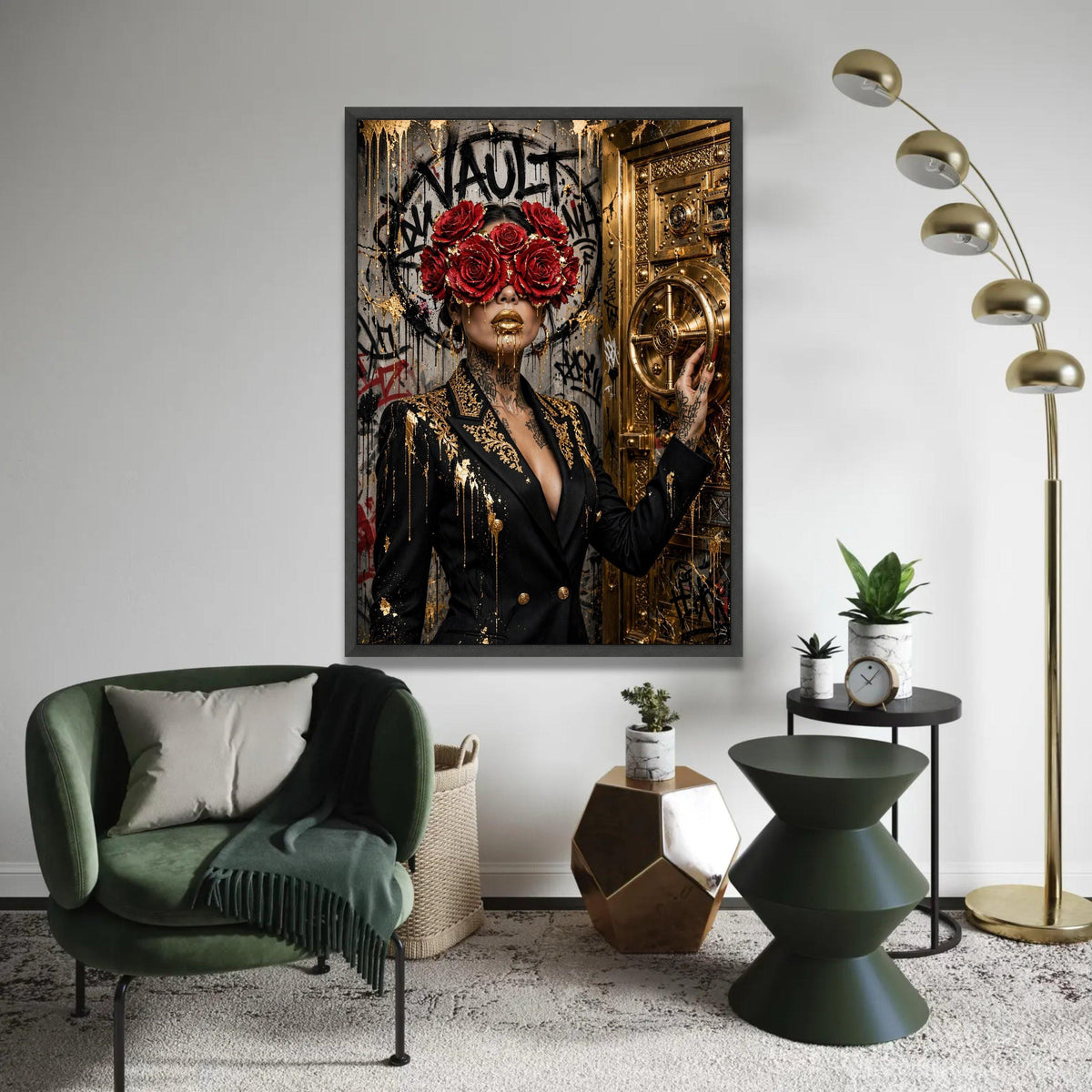 Luxury Gold Vault Canvas Wall Art, Woman with Red Roses Mask, Modern Graffiti Wall Decor, Glamorous Abstract Ready To Hang Decoration