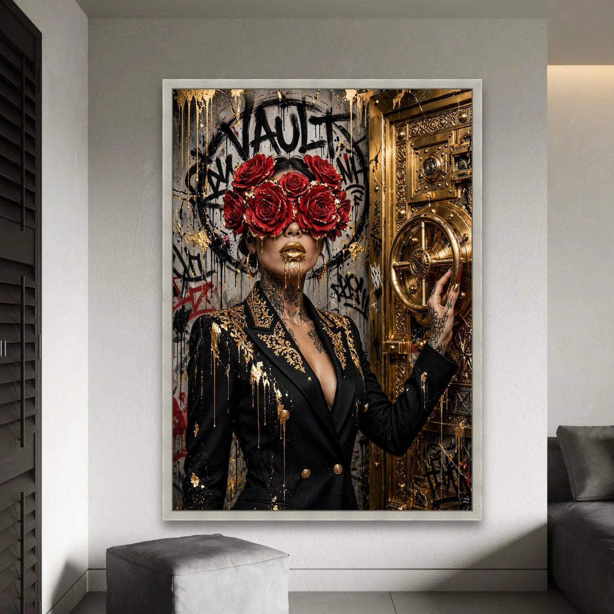 Luxury Gold Vault Canvas Wall Art, Woman with Red Roses Mask, Modern Graffiti Wall Decor, Glamorous Abstract Ready To Hang Decoration