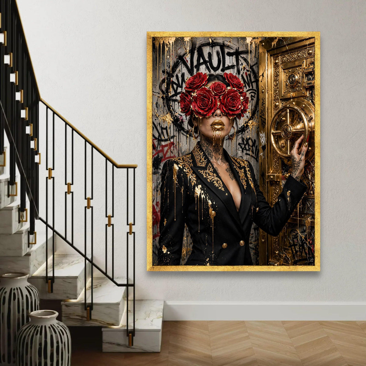 Luxury Gold Vault Canvas Wall Art, Woman with Red Roses Mask, Modern Graffiti Wall Decor, Glamorous Abstract Ready To Hang Decoration