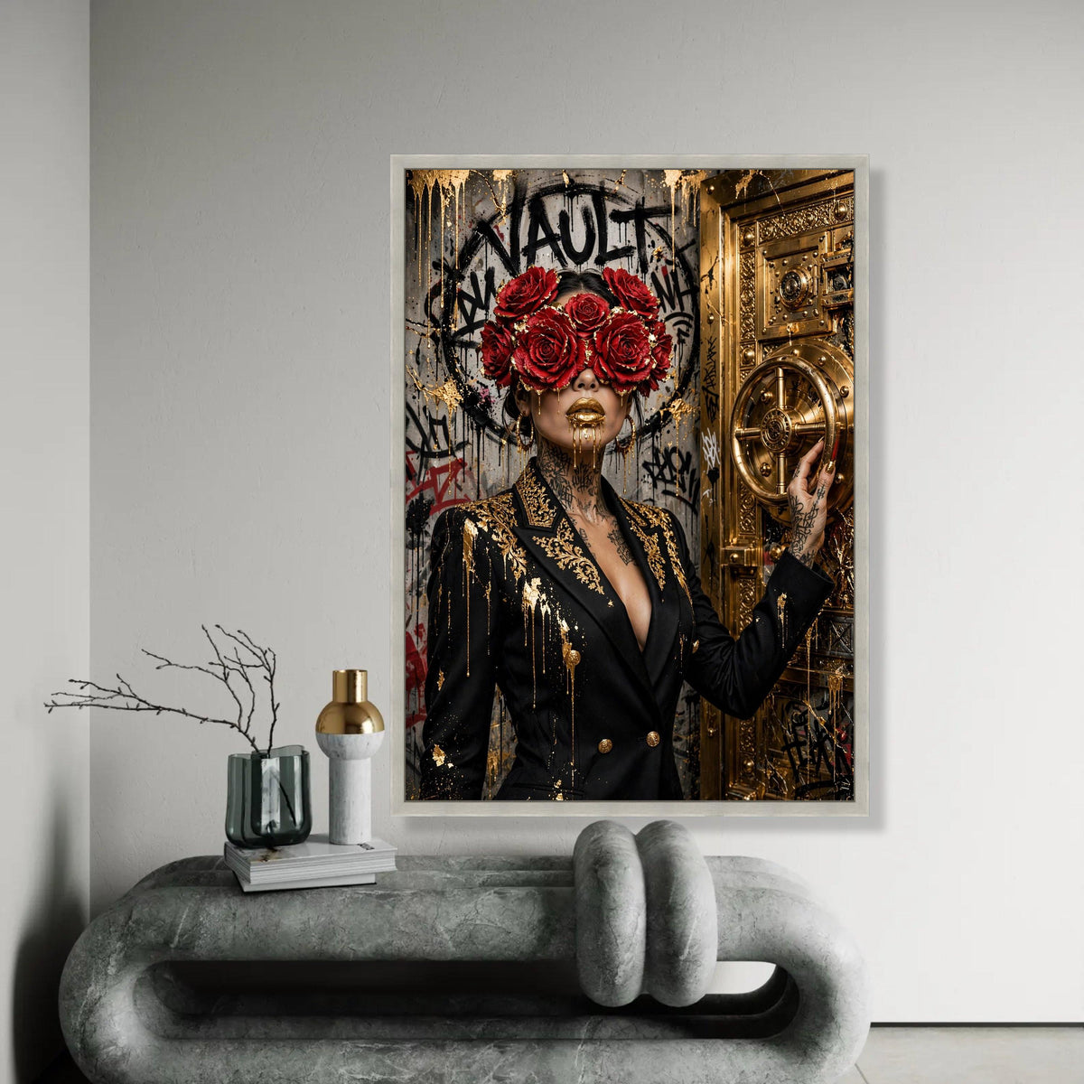 Luxury Gold Vault Canvas Wall Art, Woman with Red Roses Mask, Modern Graffiti Wall Decor, Glamorous Abstract Ready To Hang Decoration