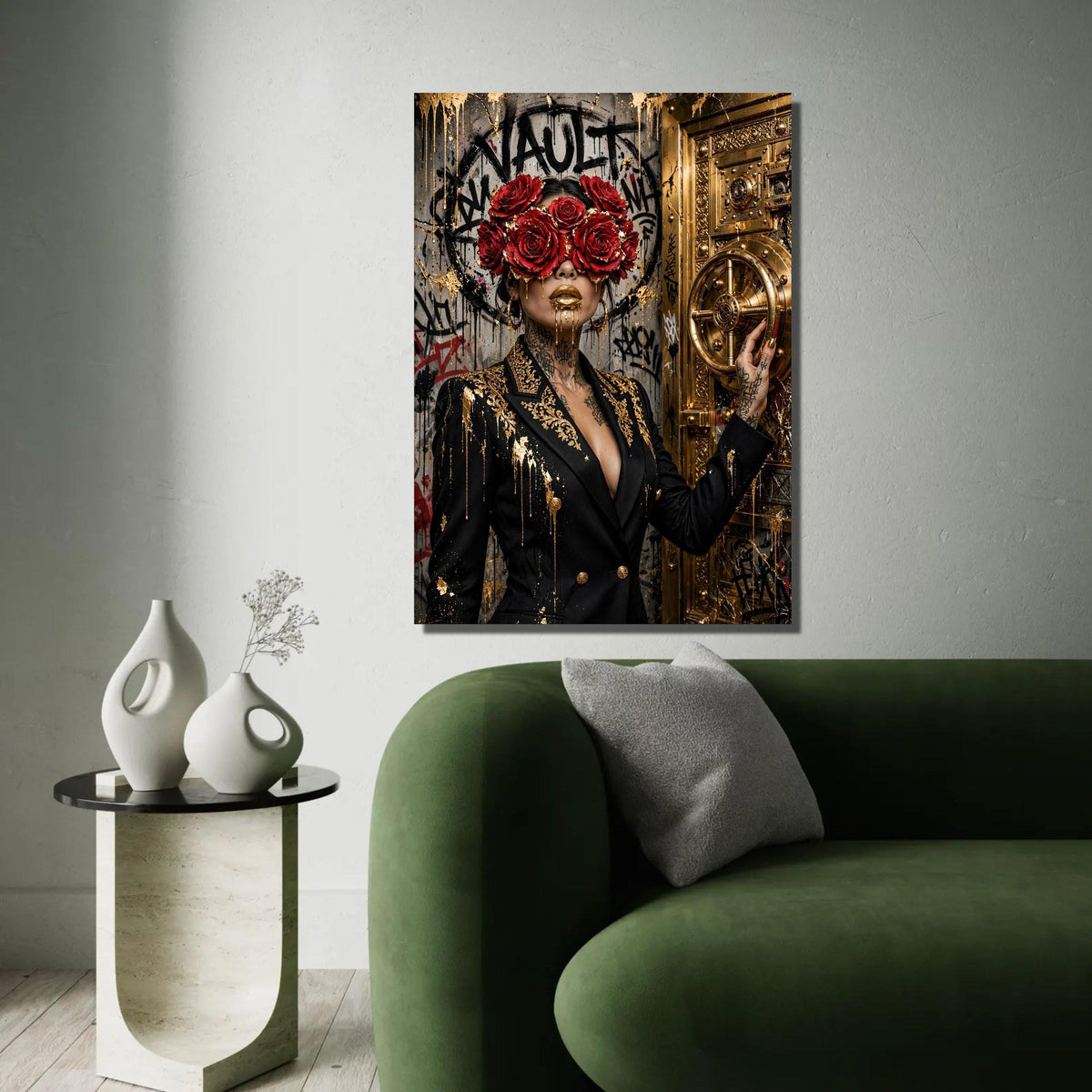 Luxury Gold Vault Canvas Wall Art, Woman with Red Roses Mask, Modern Graffiti Wall Decor, Glamorous Abstract Ready To Hang Decoration